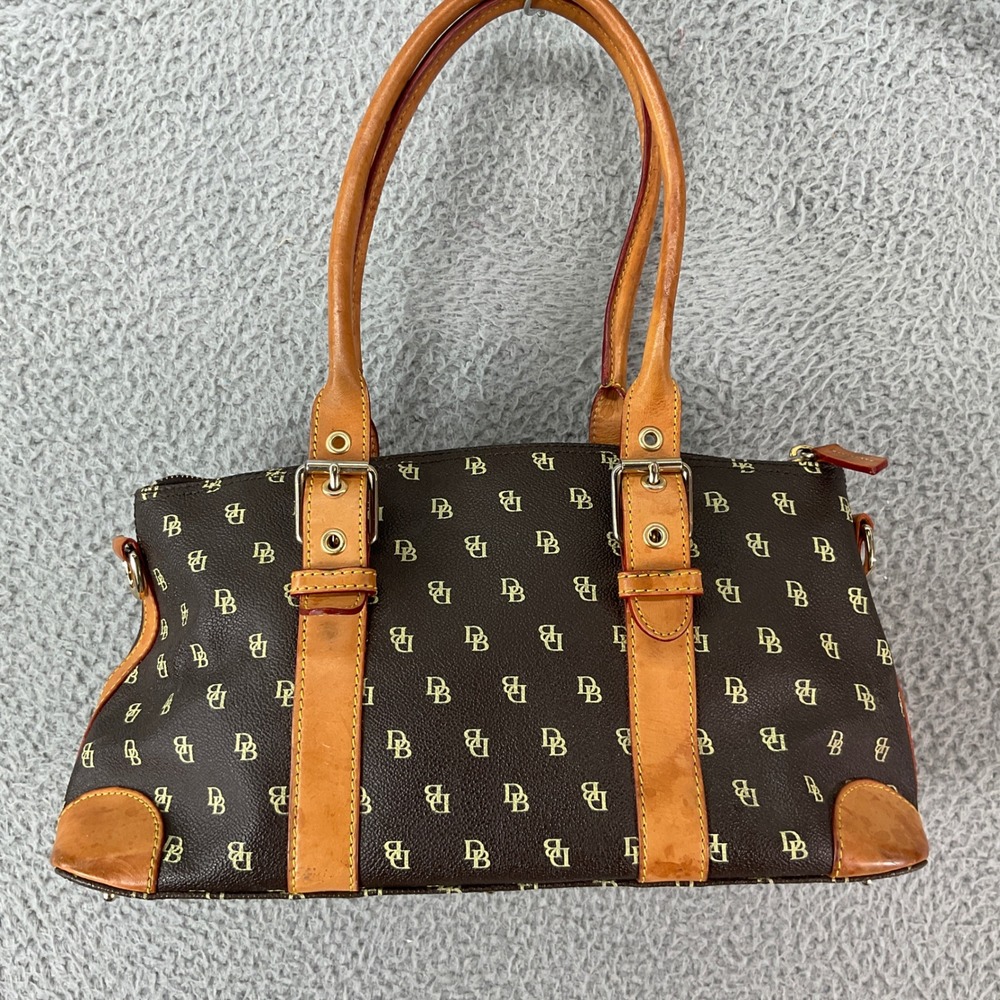 Dooney & Bourke Monogram Satchel Womens Medium Brown Fair‎ Leather Trim DB Print